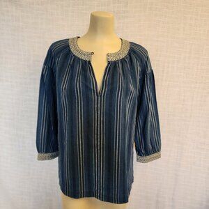 Massimo Dutti W S Embroidered 3/4 Sleeve Round Neck W/ Button Blue Stripe A324